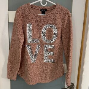 Miss Chievous Pink Sherpa Crewneck Sweater with Silver Sequin LOVE